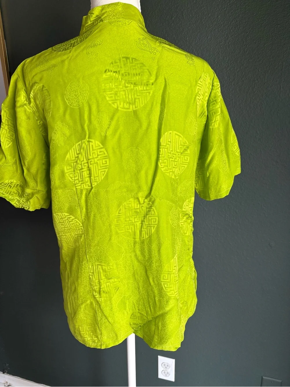 VTG Chartreuse Frog Button Jacquard Blouse Mandarin Collar Top - Picture 4 of 7